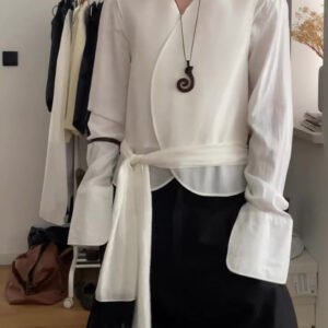 Solid Color Tassel Belt Vest & Long Sleeve Shirt Two-Piece Set
