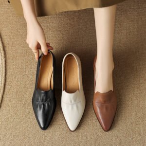 Women's Spring And Autumn Mid Heel Deep Mouth Leather Shoes