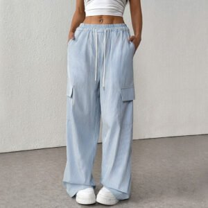 Women's Casual Elastic Striped Pocket Trousers
