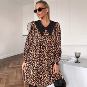 Leopard Print Printing Lapel Stitching Dress European And American
