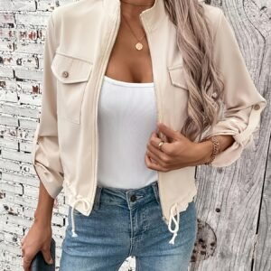 Women's Zipper Drawstring Flip Sleeve Decorative Pocket Women's Short Jacket