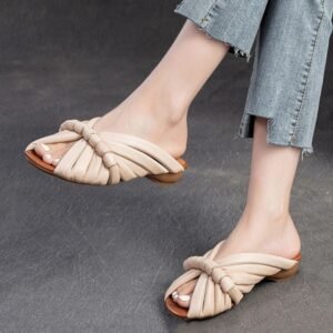 Women's Flat Slippers Summer Wear Genuine Leather Single Strap Slides