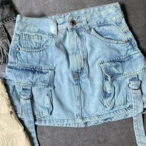 Multiple Pockets Denim Plaid Skirt Vintage Goth Black Y2k