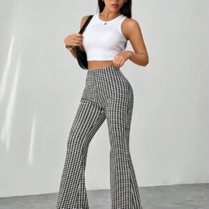 Fashion Retro Houndstooth High Waist Slim Fit Floor-length Casual Flared Pants