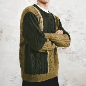Men's Retro Casual Contrast Color Patchwork Round Neck Knitwear