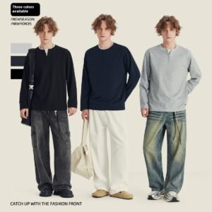 Half Long-sleeve Zipper T-shirt Men's Autumn High-grade Contrast Color Loose Crew Neck Top