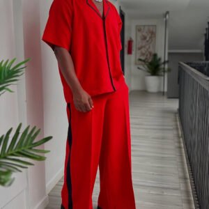 Red Short-sleeve Shirt And Wide-leg Pants Set With Black Trim
