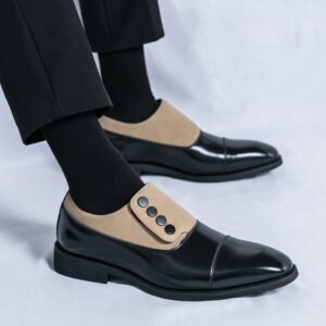 Low Top Pointed Round Toe Button Leather Shoes Men Slip-on