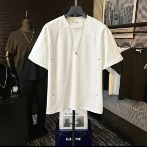 High-end Stitching Rivet Design Round Neck Short Sleeve