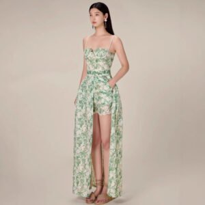 Retro Hollow Lace Green High Slit Dress