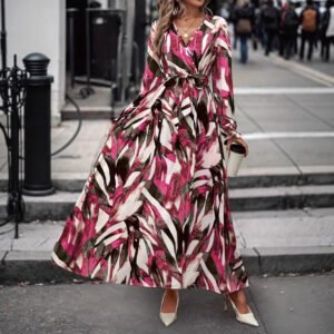 V-neck Printed Waist-controlled Lace-up Bohemian Dress