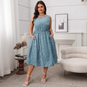 Contrast Color Striped Sleeveless Pocket Fashion Dress