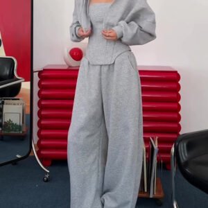 Gray Three-Piece Set With Hooded Jacket, Corset Top And Wide-Leg Pants