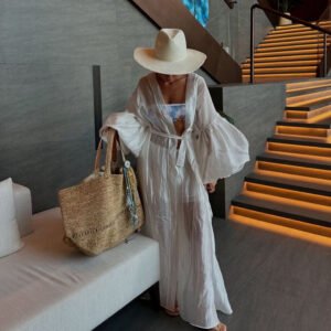 Puff Sleeve Cardigan Lace-up Robe Shorts Casual Two-piece Suit