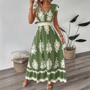 Vacation Style Printed V-neck Large Swing Dress