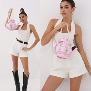 Sweet Girl Vintage Pearl Chain Printing Teapot Handbag