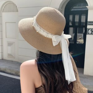 Lace Bow Pearl Big Brim Face-looking Sun-proof And Breathable Sun Fisherman Hat