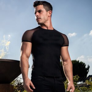 Slim Fit Breathable Mesh Shoulder Sleeve Crew Neck Short Sleeve T-Shirt