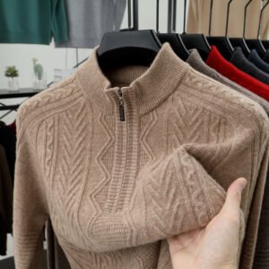All Wool Men's Sweater Half Turtleneck Zipper Sweater