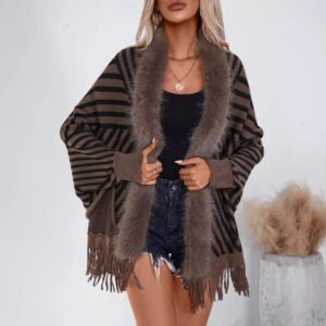 European And American Fall Winter Fashion Striped Tassel Knitted Shawl Cape