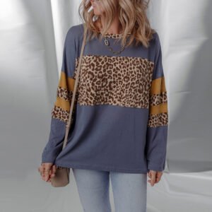 Personalized Leopard Print Irregular Hem Long-sleeved Top For Women