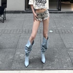 Pointed Toe Women's Stiletto Denim High Heel Below The Knee Boots