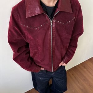 Leather Patchwork Lapel Angola Wool Extra Thick Suede Coat