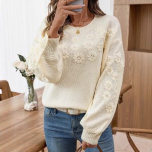 Machine Embroidery Three-dimensional Small Chrysanthemum Pullover Round Neck Loose Knitted Sweater
