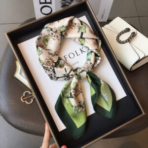 Korean - style Sweet Green Floral Butterfly Imitation Silk Square Scarf, Neck - tying Small Square Scarf, Sunscreen Neck Scarf